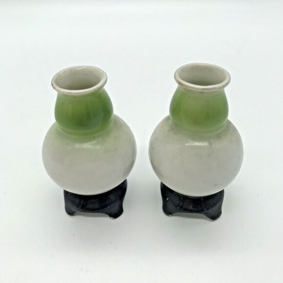 Pair Vintage Vase H KATO Miniature Footed Green Floral Occupied Japan Signed - Picture 4 of 9